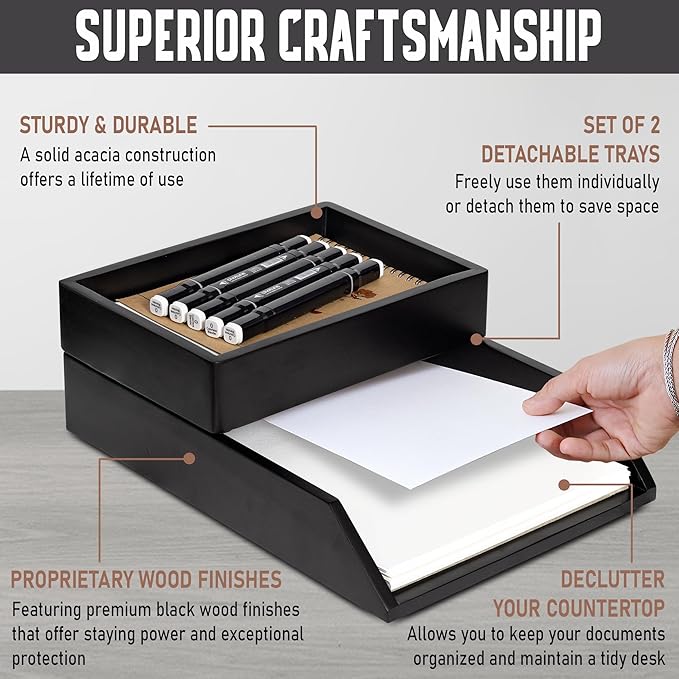 Demigo Desk Organizer Letter Tray Set of 2, Acacia Wood Tabletop Desktop for Storage Paper Letter Folders Notebooks Copy Print, Workspace Holder, Keep Stationery Saver (Black)-DeskLoop Office