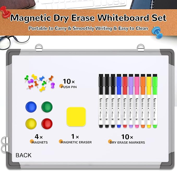 Monthly Calendar Whiteboard Dry Erase Cork Board Combination for Wall, 17"x13" Magnetic Dry Erase Board, Double-Sided White Board, Portable Board for Office, Kitchen, Planning, Memo, School, Home-DeskLoop Office