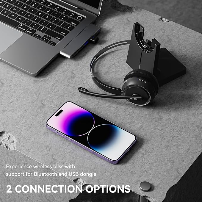 LEVN Wireless Headset 5.2 for Call Center, Bluetooth Headphones with Mic for Work(Noise Cancelling), 65 Hours Woktime & Mute Button,Wireless Headset for Work from Home/Office/PC/Computer/Laptop(Black)-DeskLoop Office