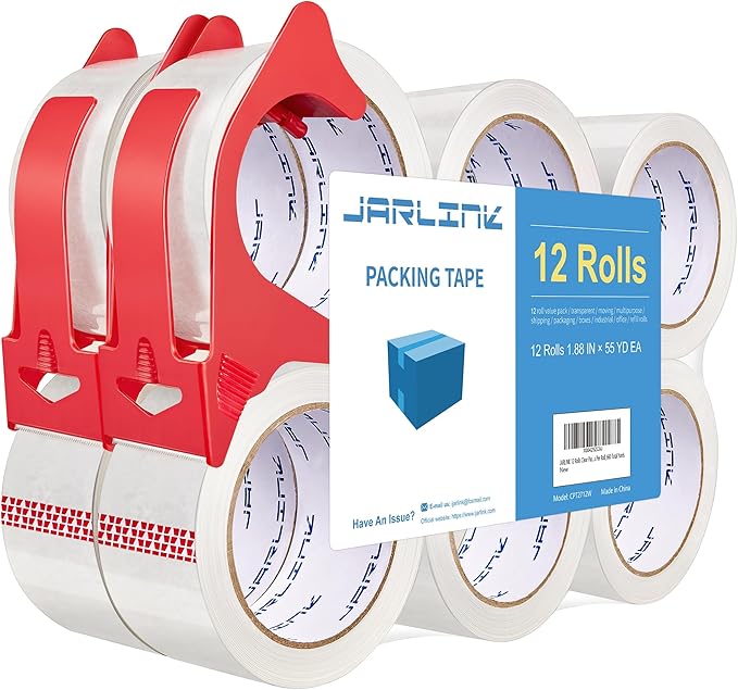JARLINK 12 Rolls Clear Packing Tape with 2 Dispensers, Heavy Duty Packaging Tape Refills for Shipping Packaging Mailing, 2.7mil Thick, 1.88 inches Wide, 55 Yards Per Roll, 660 Total Yards-DeskLoop Office