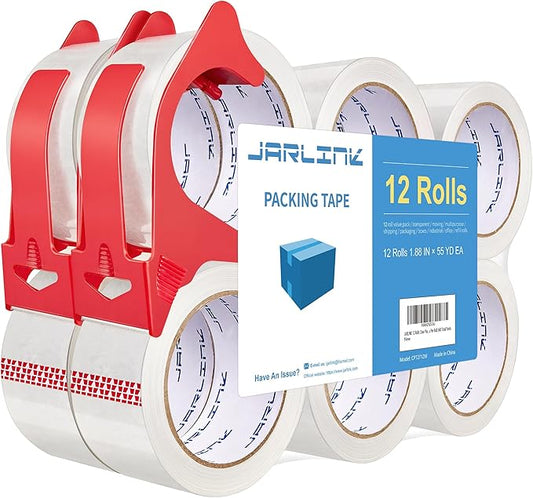 JARLINK 12 Rolls Clear Packing Tape with 2 Dispensers, Heavy Duty Packaging Tape Refills for Shipping Packaging Mailing, 2.7mil Thick, 1.88 inches Wide, 55 Yards Per Roll, 660 Total Yards-DeskLoop Office