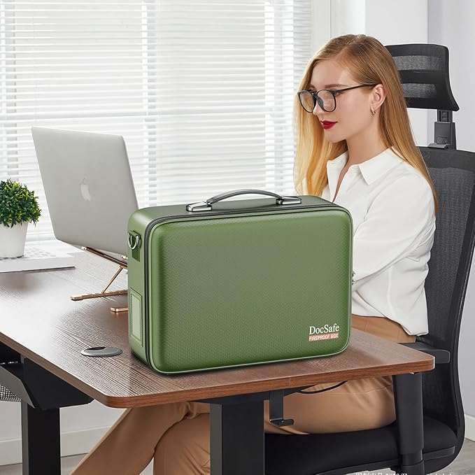 DocSafe Fireproof Document Box with Lock&Shoulder Strap,Hard Case File Organizer with Accordion File Folder,Multi-Layer Portable Home Office Travel Safe Storage for Important Documents Laptop Green-DeskLoop Office