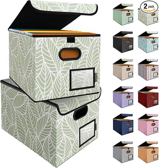 BALEINE File Organizer Box with Lid, Collapsible File Folder Organizer with Plastic Slide, Hanging File Folder Box for Office Document Storage (2 Pack, Antique Foliage)-DeskLoop Office
