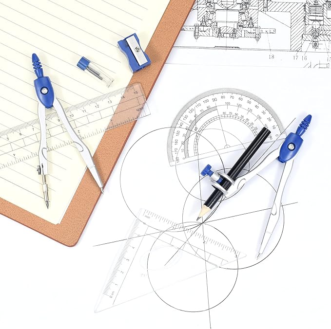 Math Geometry Kit Sets 10 Piece Student Supplies with Shatterproof Storage Box,Includes Rulers,Protractor,Compass,Eraser,Pencil Sharpener,Lead Refills,Pencil,for Drafting and Drawings(Navy blue)