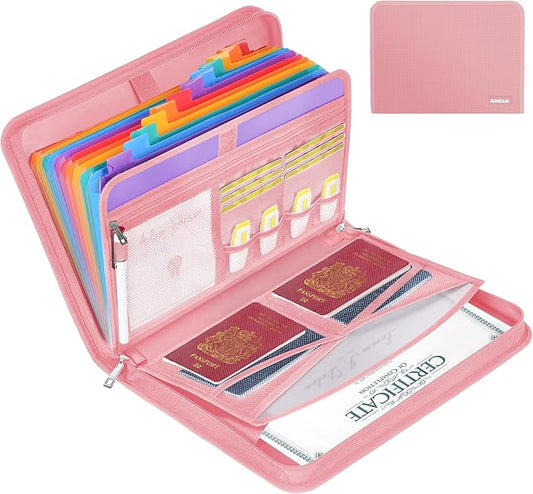 JUNDUN Accordion File Organizer - 12 Pocket Expanding File Folder with Zipper & Labels - Fireproof File Folder Organizer with Multi-Pockets,Document Organizer for Letter A4 Files and More (Pink)-DeskLoop Office