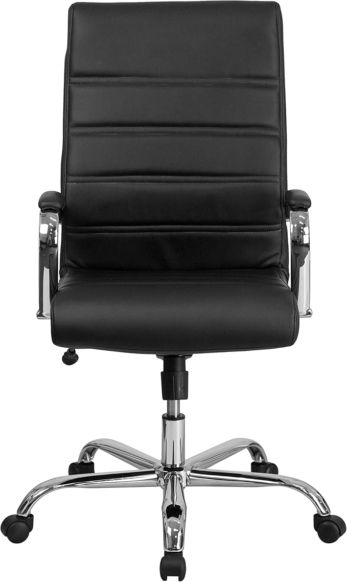Flash Furniture Whitney High-Back Swivel LeatherSoft Desk Chair with Padded Seat and Armrests, Adjustable Height Padded Office Chair, Black/Chrome-DeskLoop Office