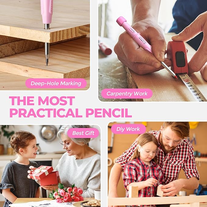 Nicpro CP3000 Carpenter Pencil with Sharpener, Construction Mechanical Pencils with 19 Refills, Heavy Duty Construction Pencil, Pink Woodworking Tools For Women, Great for Marking On Wood, Metal-DeskLoop Office