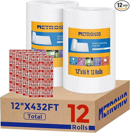 Metronic Bubble Cushioning Wrap 12 Pack 12 Inch x 432ft Total, Dense Bubble Packing Air Wrap Clear Bubble Packing Roll for Shipping and Moving Supplies, Perforated Every 12"-DeskLoop Office