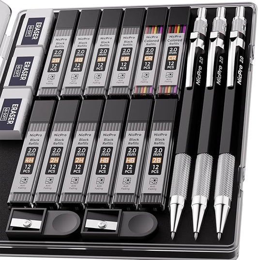 Nicpro 2mm Metal Mechanical Pencil Set with Case, 3PCS Lead Pencil Holder 2.0 mm with 144PCS Lead Refills (4H 2H HB 2B 4B 6B Color), Eraser, Sharpener for Drafting Writing Drawing Sketching-DeskLoop Office