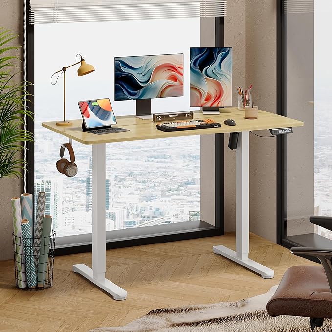 DEVAISE 48 Inch Electric Standing Desk, 3 Adjustable Height Stand up Desk for Home Office, Ergonomic Sit to Stand Desk with LED Touchscreen, Headphone Hook, 3 Memory Preset Computer Desk (Maple)-DeskLoop Office