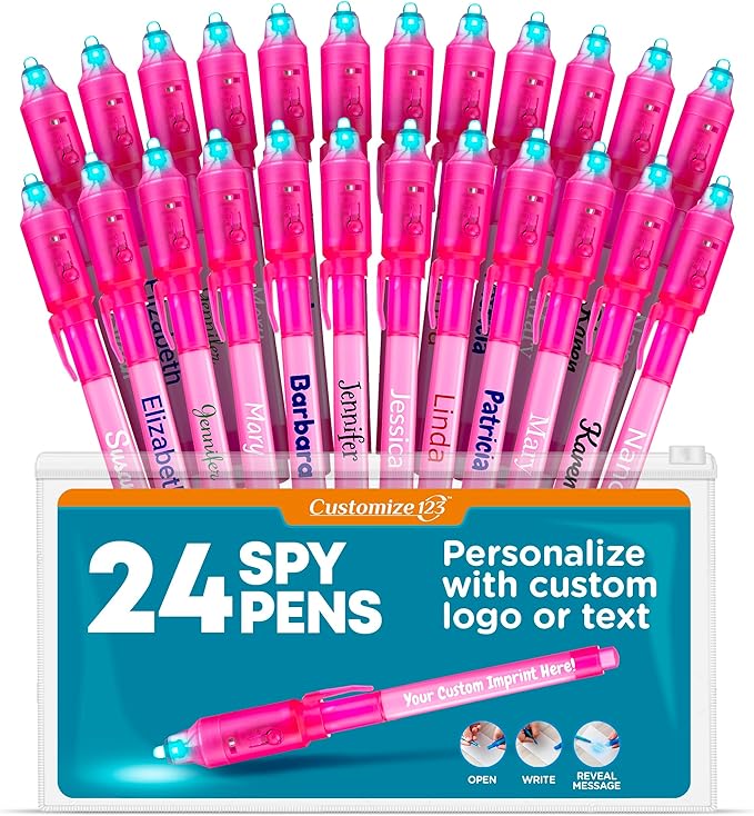 Personalized Invisible Disappearing Ink Pen Marker, Custom Secret Spy Message Writer with UV Light, Fun Activity Entertainment for Kid Party Favors Ideas Gifts and Stock Stuffers, 24 Pack, Pink-DeskLoop Office