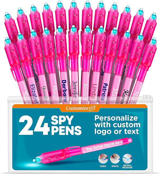 Personalized Invisible Disappearing Ink Pen Marker, Custom Secret Spy Message Writer with UV Light, Fun Activity Entertainment for Kid Party Favors Ideas Gifts and Stock Stuffers, 24 Pack, Pink-DeskLoop Office