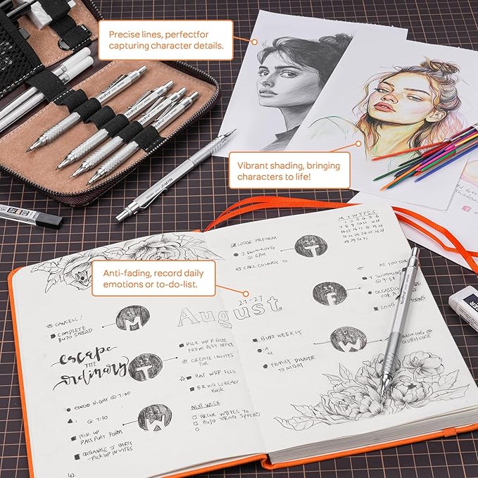 Nicpro 33PCS Metal Mechanical Pencil Set in Leather Case, Art Drafting Pencil 0.3, 0.5, 0.7, 0.9 mm, 2mm Lead Pencil Holders for Sketching Drawing With 18 Tube (6B 4B 2B HB 2H 4H Colors) Lead Refills-DeskLoop Office