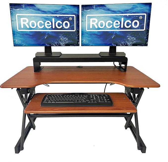 Rocelco 40" Large Height Adjustable Standing Desk Converter with Dual Monitor Stand BUNDLE - Quick Sit Stand Up Computer Workstation Riser - Retractable Keyboard Tray - Teak (R DADRT-40-DMS)-DeskLoop Office