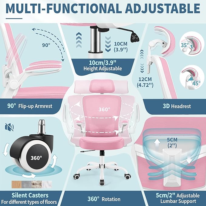 FelixKing Ergonomic Office Chair, Headrest Desk Chair Office Chair with Adjustable Lumbar Support, Home Office Swivel Task Chair with High Back and Armrest, Adjustable Height Gaming Chair(Pink)-DeskLoop Office