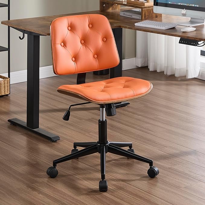 Small Home Office Chair - Armless Mid Back Desk Chair with 360° Swivel and Wheels, PU Upholstered Height Adjustable Modern Walnut Computer Chair for Home, Office Meeting Room - Orange-DeskLoop Office