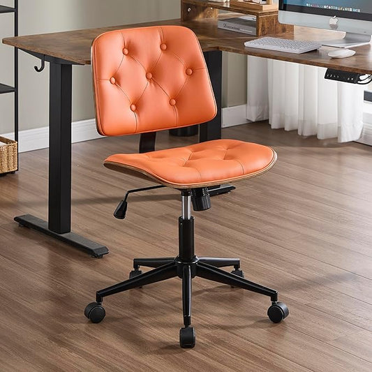 Small Home Office Chair - Armless Mid Back Desk Chair with 360° Swivel and Wheels, PU Upholstered Height Adjustable Modern Walnut Computer Chair for Home, Office Meeting Room - Orange-DeskLoop Office