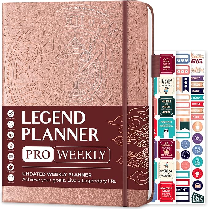 Legend Planner PRO – Deluxe Weekly & Monthly Life Planner to Increase Productivity and Hit Your Goals. Time Management Organizer Notebook – Undated – 7 x 10" Hardcover + Stickers – Rose Gold-DeskLoop Office