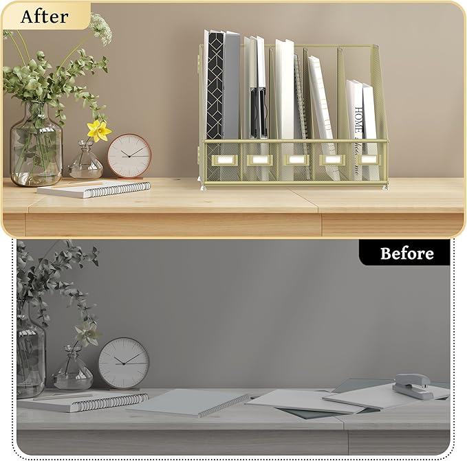SUPEASY Desk Organizers Metal Desk Magazine File Holder with 5 Vertical Compartments Rack File Organizer for Office Desktop, Home Workspace, Golden Yellow-DeskLoop Office