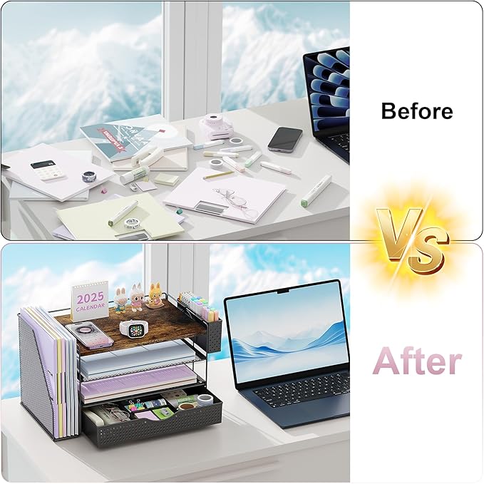 Wood Desk Organizers and Accessories with File Holder, 4-Tier Desk Accessories & Workspace Organizers with Drawer and Pen Holder, Paper Organizer for Office Supplies (Wood)-DeskLoop Office