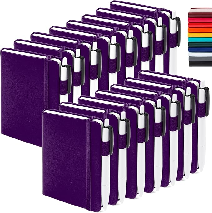 feela 15 Pack Pocket Small Notebooks Bulk, Mini Cute Notepads Hardcover College Ruled Lined Journals with Pen Holder for School Business Memos, with 15 Black Pens, 3.5”x 5.5”, A6, Purple-DeskLoop Office