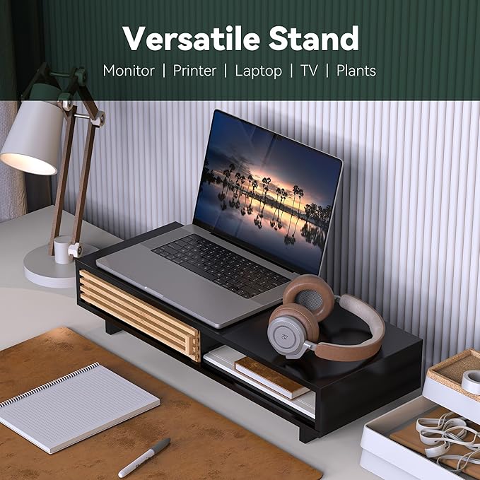 Monitor Stand Riser with Sliding Door, Computer Laptop Stand Desk Shelf Organizer with Storage (Black + Natural Bamboo, 25 Inch)-DeskLoop Office