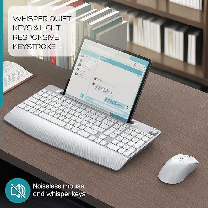 Wireless Keyboard and Mouse - Full-Sized Ergonomic Keyboard with Wrist Rest, Phone Holder, Volume Knob,2.4GHz Silent Cordless Keyboard Mouse Combo for Computer, Laptop, PC, Mac, Windows -White-DeskLoop Office