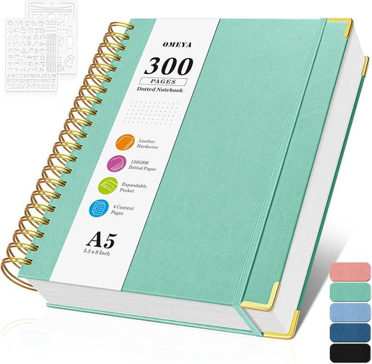 Bullet Dotted Journal Spiral Notebook, 300 Pages Leather Notebooks with Contens, 120 GSM Thick No Bleed Through Paper Journals, A5 Dot Grid Notebook for Women Men School Work Writing, 5.5" x 8", Green-DeskLoop Office