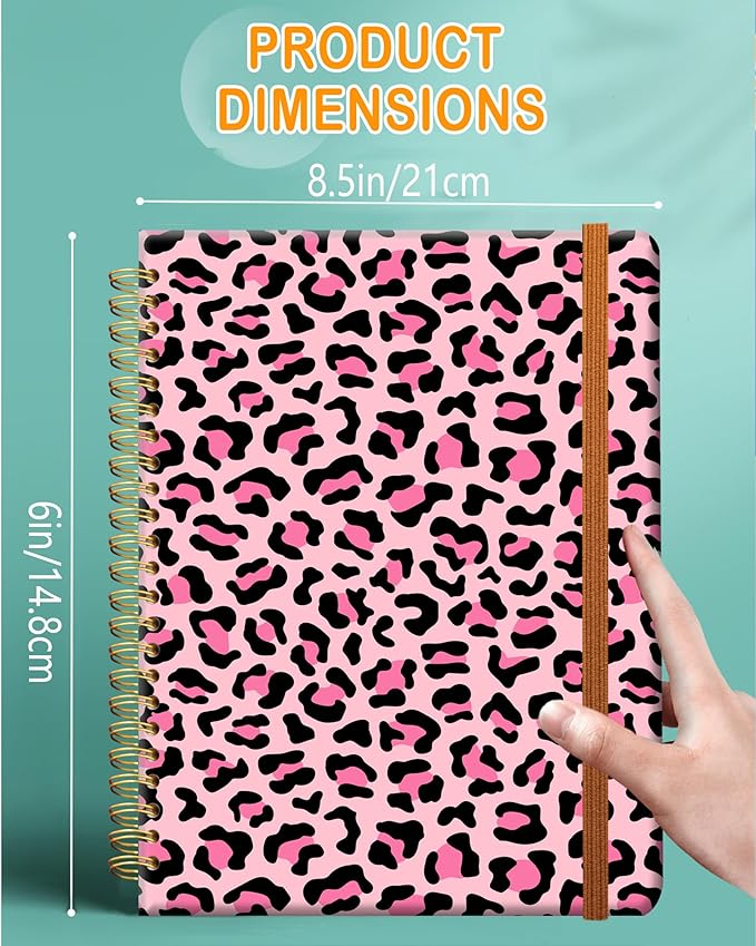 Ruled Spiral Writing Notebook,A5 Hardcover Lined College Journal for Women Lady,Fashion Puppy Watercolor Strong Twin-Wire Binding with Premium Paper,8.4" X 6",Perfect for School,Office,Home Gifts(Pink Leopard)-DeskLoop Office