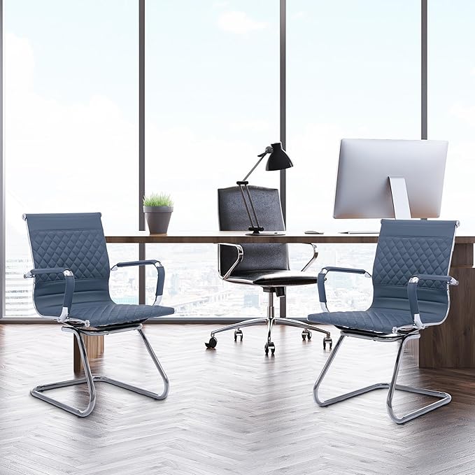 Office Guest Chairs Reception Chairs Waiting Room Chairs Set of 8 Conference Room Chair with Mid Back, Modern PU Leather Desk Chairs, Navy-DeskLoop Office