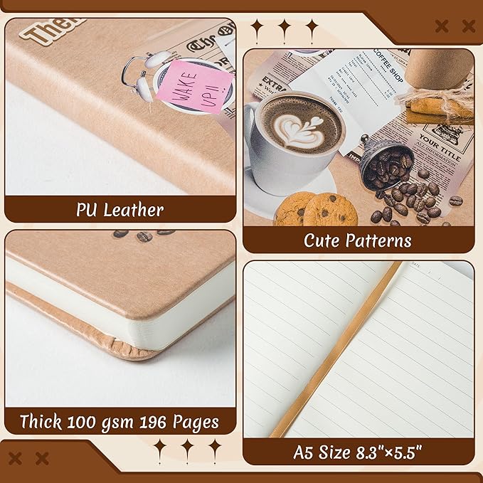 B1ykin Hardcover Ruled Journal Notebook with Planner Stickers, 196 Pages PU Leather Journal Notebook Journals Diary Notepad for Writing Travel Business Work School College Note Taking (Coffee)-DeskLoop Office