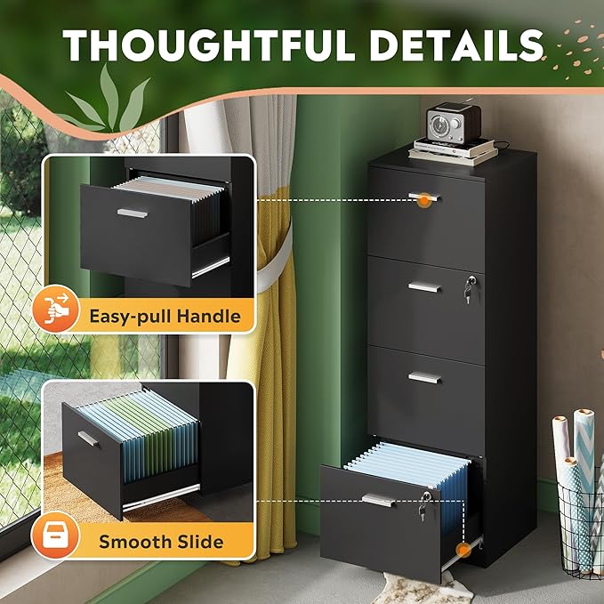 DEVAISE 4 Drawer File Cabinet with Lock, Vertical Filing Cabinet for A4/Letter Size Files, Wood Storage Organizer for Home Office, Black-DeskLoop Office