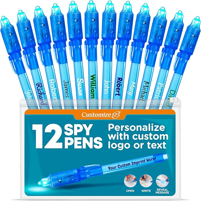Personalized Invisible Disappearing Ink Pen Marker, Custom Secret Spy Message Writer with UV Light, Fun Activity Entertainment for Kid Party Favors Ideas Gifts and Stock Stuffers, 12 Pack, Blue-DeskLoop Office
