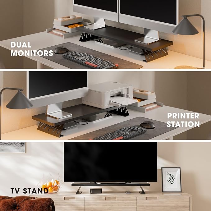 Fenge Monitor Stand Riser, Desk Top Shelf for 2 Monitors, Computer Stands for Desk, Wood & Steel Desktop Riser for Laptop, PC, Printer-DeskLoop Office