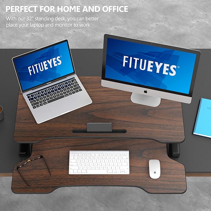 FITUEYES Height Adjustable Standing Desk 32” Wide Sit to Stand Converter Stand Up Desk Tabletop Workstation for Laptops Dual Monitor Riser Brown SD308002WE-DeskLoop Office