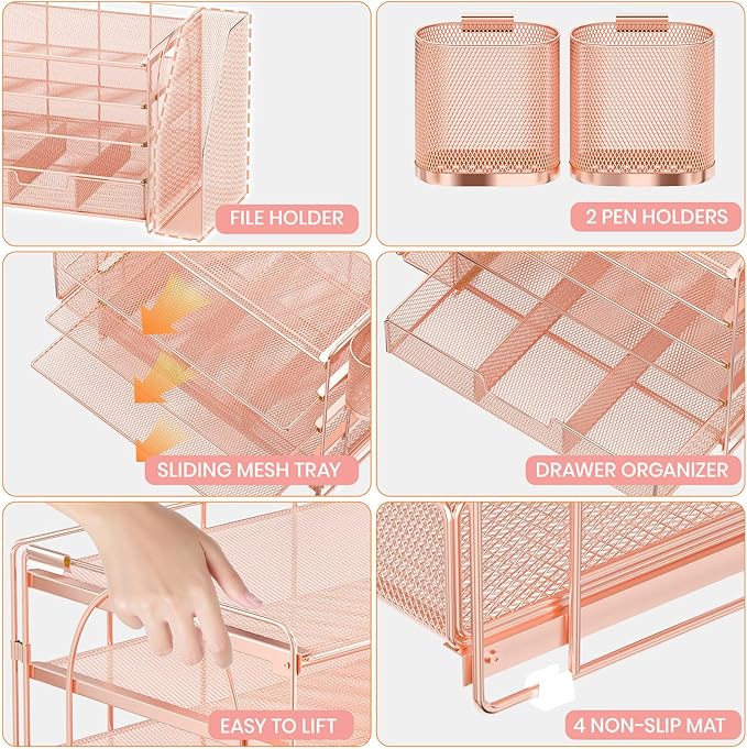 Desk Organizers and Accessories, 5-Tier Paper File Organizer with Drawer & Pen Holder, Office Desk Accessories Workspace Desktop Organizer for Office Supplies (Rose Gold)-DeskLoop Office