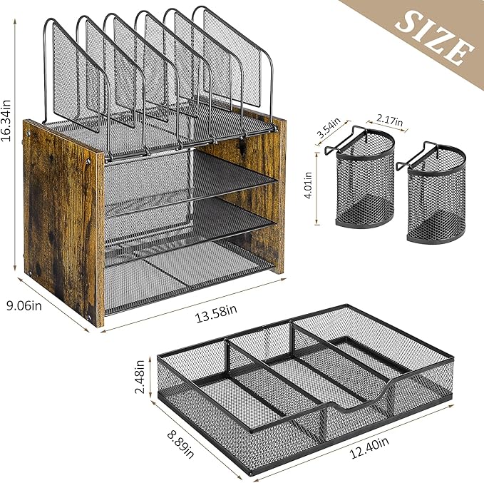 4-Tier Mesh Desk Organizer, Wooden Desk File Organizer with 5 Vertical File Holders and 2 Pen Holders, Desktop Organizers and Accessories with Drawer for Home Office-DeskLoop Office