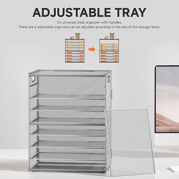SUBEKYU 9 Tier Paper Organizer for Desk - Metal Mesh Letter Tray File Paper Sorter Organizer Include 6 Pcs Adjustable Height Slid Tray with Handles for Office School Home Organization Storage, Silver-DeskLoop Office