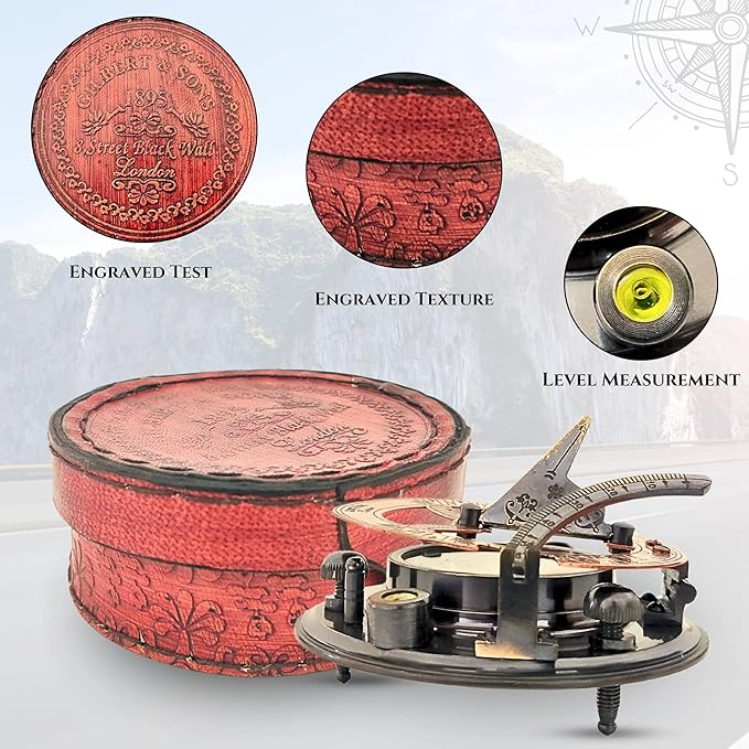 Antique Brass & Copper Sundial Compass, Sundial Clock in Box Gift Sun Clock Ship Replica Watch, Nautical Gifts for Men, Unique Nautical Decor, Naval Maritime Sundial (#5 Antique Gilbert)-DeskLoop Office