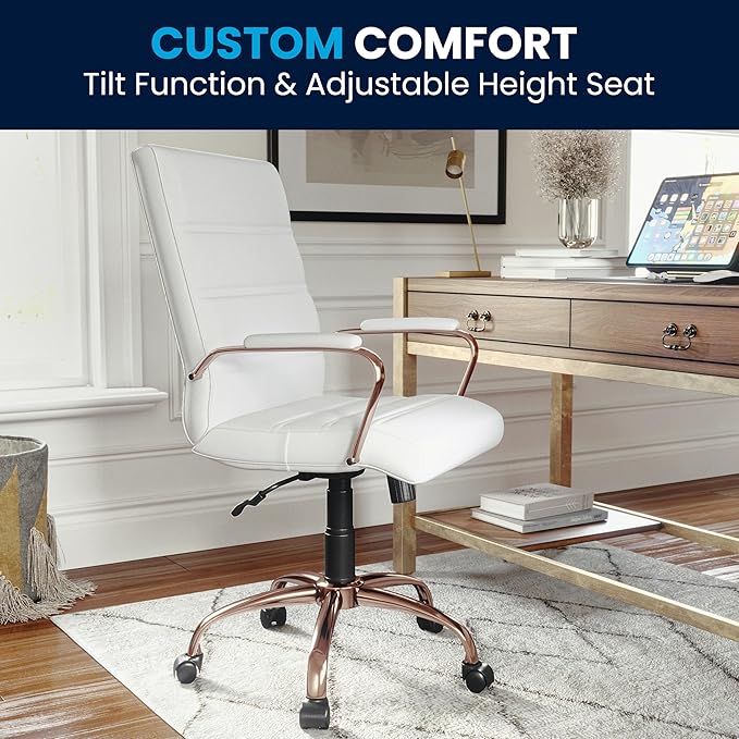 Flash Furniture Whitney Mid-Back Swivel LeatherSoft Desk Chair with Padded Seat and Armrests, Adjustable Height Padded LeatherSoft Office Chair, White/Rose Gold-DeskLoop Office