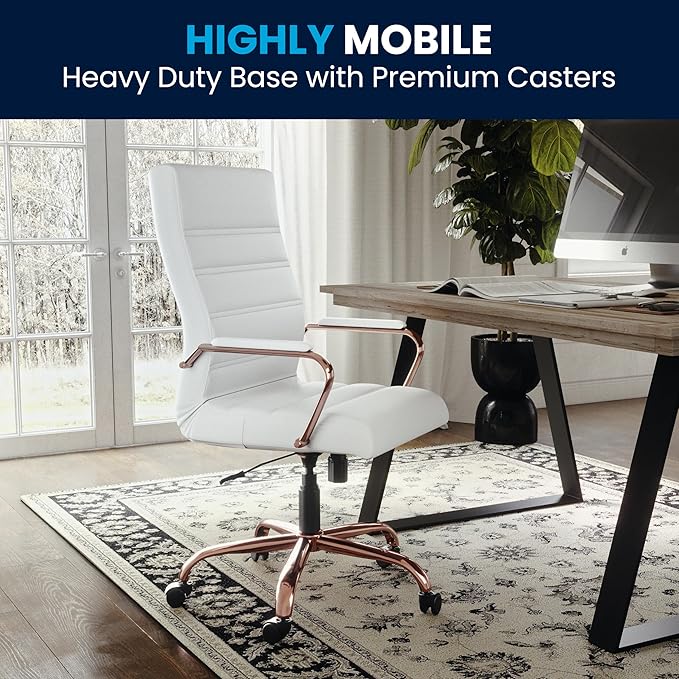 Flash Furniture Whitney High-Back Swivel LeatherSoft Desk Chair with Padded Seat and Armrests, Adjustable Height Padded LeatherSoft Office Chair, White/Rose Gold-DeskLoop Office