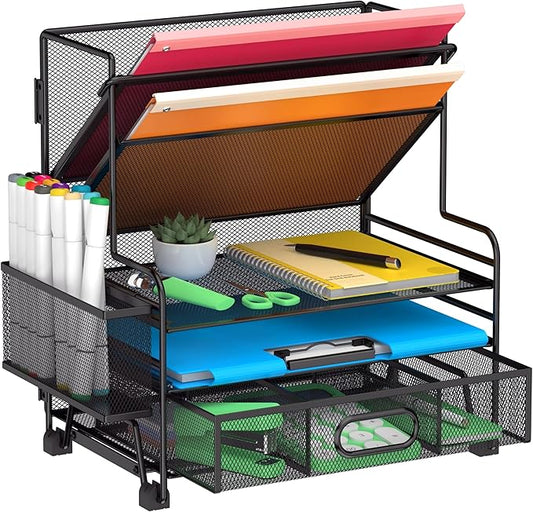 5 Tier Desk Organizer with Drawer & Pen Holders, Desk File Organizer Letter Tray Paper Organizer, Black-DeskLoop Office