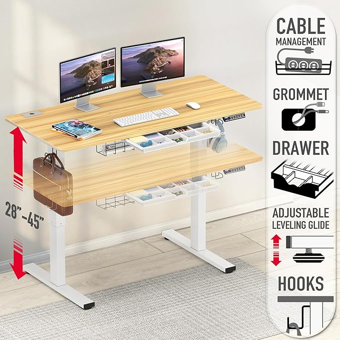 SHW 48-Inch Electric Height Adjustable Standing Desk with Drawer, Memory Preset and Cable Management Tray, Oak-DeskLoop Office