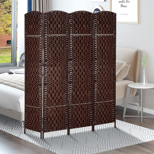 NicBex Room Divider 4 Panel Room Dividers with Woven Rattan Design Partition Room Dividers and Folding Privacy Screens 6 FT Wall Divider for Office, Room Separation,70.75"W x 0.75"D x 70.75"H, Brown-DeskLoop Office