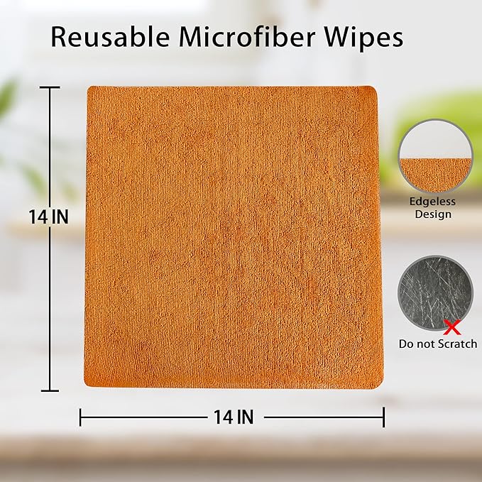 Reusable Microfiber Wipes, 50 Packs, Size 14 inches x 14 inches (Orange)-DeskLoop Office