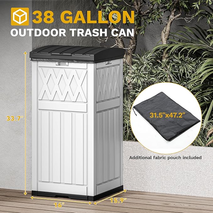 DWVO 36-Gallon Outdoor Trash Can with Fabric Bag, Tiered Lid & Drip Tray, Waterproof Resin Garbage Bin for Patio, Deck, and Backyard, White & Black-DeskLoop Office