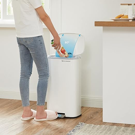 SONGMICS Trash Can with Lid, 8 Gallon Garbage Can, Stainless Steel Small Waste Bin with Step Pedal and Inner Bucket, Soft Close, Kitchen, White ULTB102W01-DeskLoop Office
