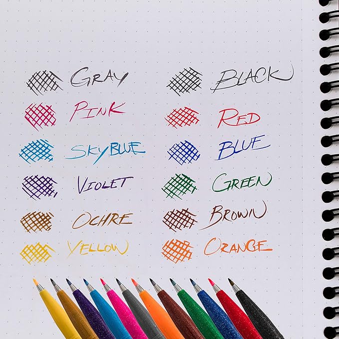 Pentel SES15CPC12 Sign Pen Brush Flexible Point Marker, Assorted, 12/Pack-DeskLoop Office