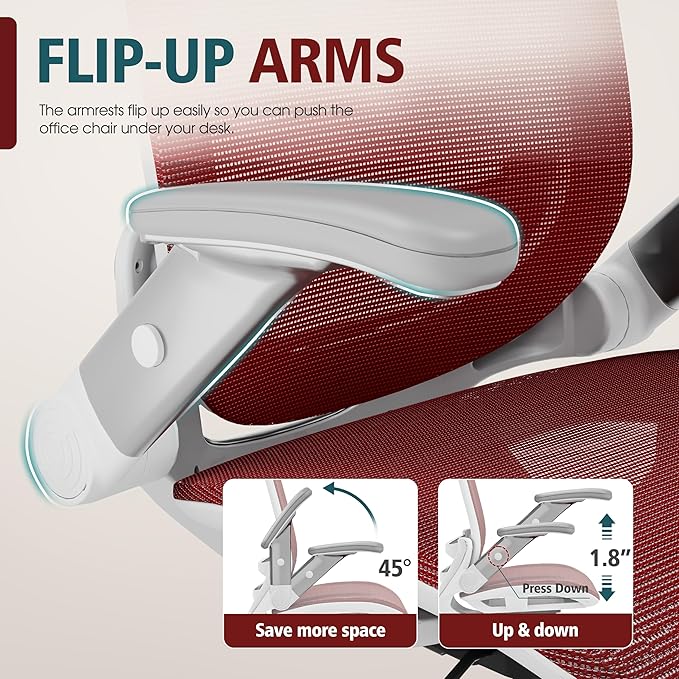 GABRYLLY Ergonomic Office Chair, High Back Home Desk Chair with Headrest, Flip-Up Arms, 90-120° Tilt Lock and Wide Cushion, 400LBS Mesh Chairs for Man Woman, White Task Chair(Red,GY01WR)-DeskLoop Office