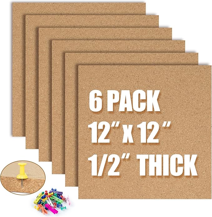 AKTOP Cork Board Bulletin Board 12x12, 1/2" Thick Cork Board Tiles 6 Pack, Small Square Pin Board for Wall, Self Adhesive Corkboards with 60 Push Pin Wood Clips for School, Home & Office-DeskLoop Office